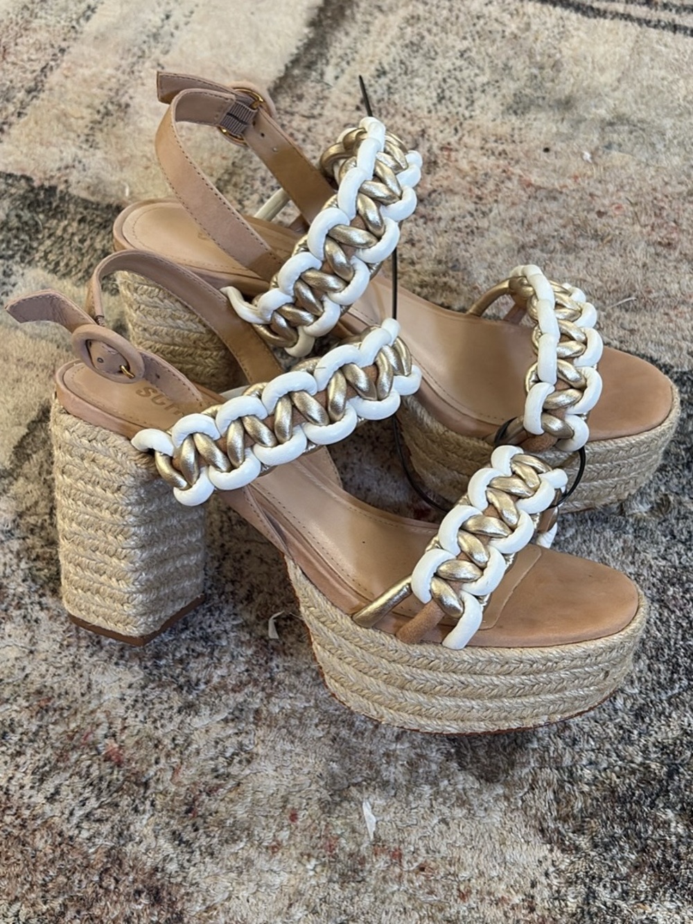 SCHUTZ Tan Espadrille Platform Sandals with White and Gold Chain Straps